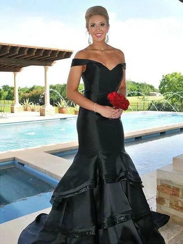 Gorgeous Mermaid Sleeveless Off-the-Shoulder Satin Layers Prom Dresses - Image 4