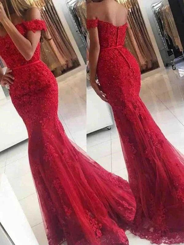 Gorgeous Mermaid Sleeveless Off-the-Shoulder Tulle Applique Prom Dresses - Image 2