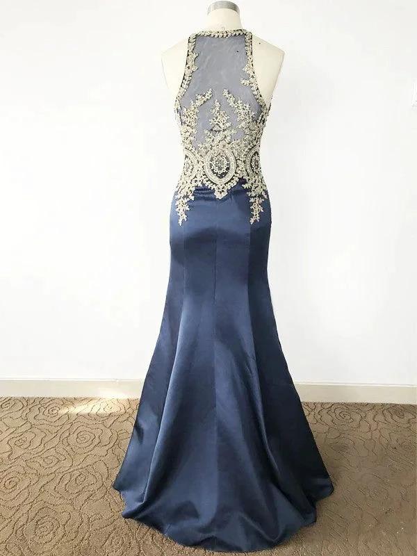 Gorgeous Mermaid Sleeveless Scoop Applique Satin Prom Dresses - Image 2