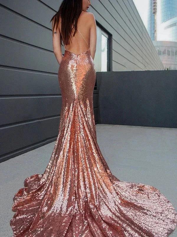 Gorgeous Mermaid Sleeveless Sequins Ruffles V-neck Prom Dresses - Image 3