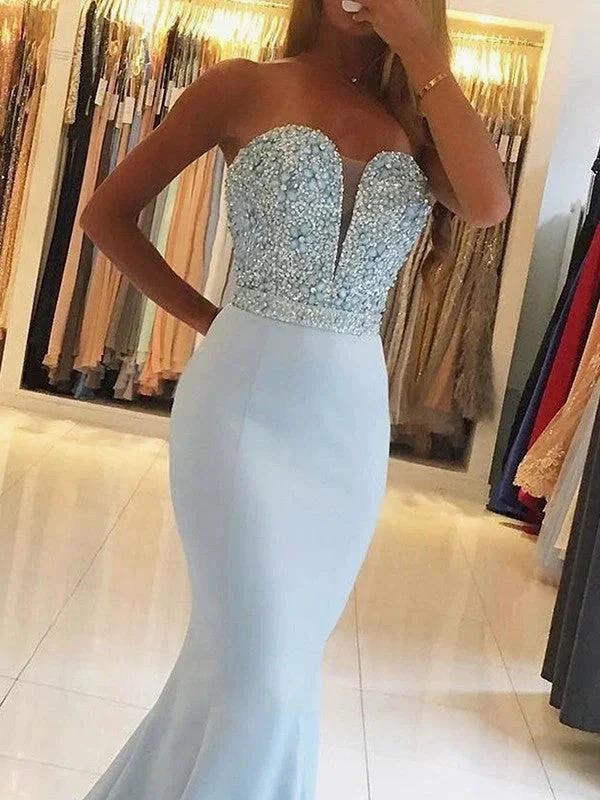Gorgeous Mermaid Sleeveless Sweetheart Beading Satin Prom Dresses - Image 3