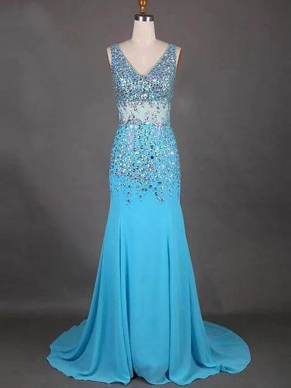 Gorgeous Mermaid Sleeveless V-neck Chiffon Beading Prom Dresses - Image 3