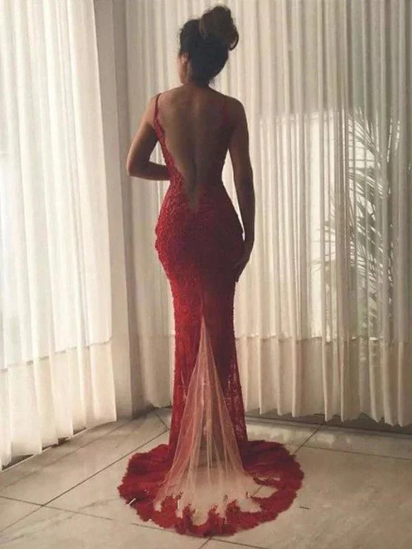 Gorgeous Mermaid Sleeveless V-neck Lace Tulle Prom Dresses - Image 2