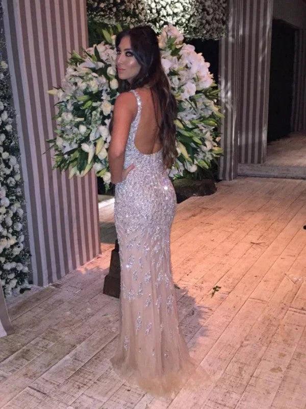 Gorgeous Mermaid Sleeveless V-neck Tulle Crystal Prom Dresses - Image 2