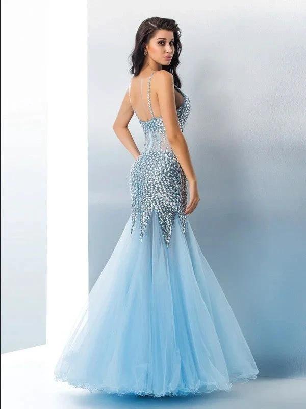 Gorgeous Mermaid Spaghetti Straps Sequin Sleeveless Long Tulle Prom Dresses - Image 2