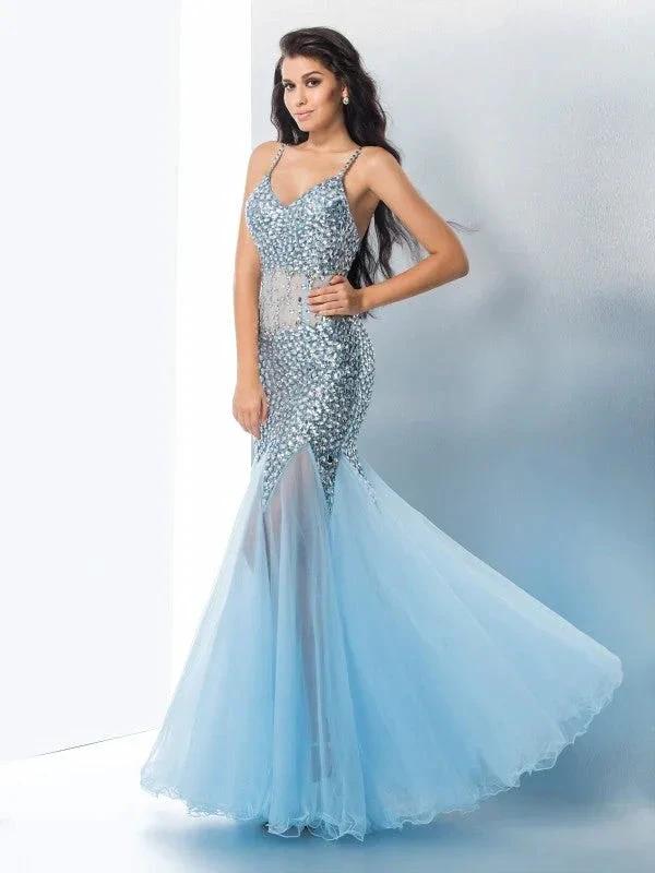 Gorgeous Mermaid Spaghetti Straps Sequin Sleeveless Long Tulle Prom Dresses - Image 3