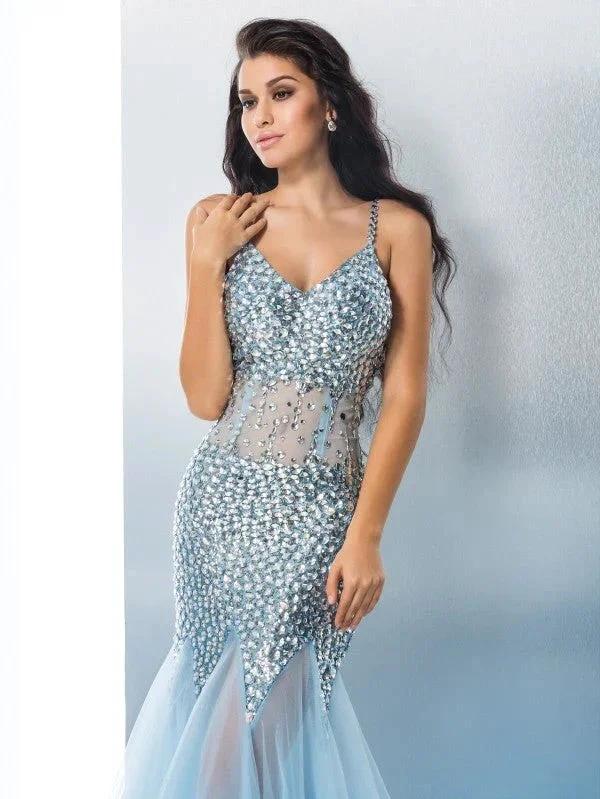 Gorgeous Mermaid Spaghetti Straps Sequin Sleeveless Long Tulle Prom Dresses - Image 4