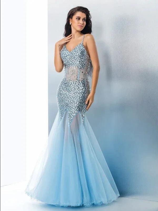 Gorgeous Mermaid Spaghetti Straps Sequin Sleeveless Long Tulle Prom Dresses - Image 5