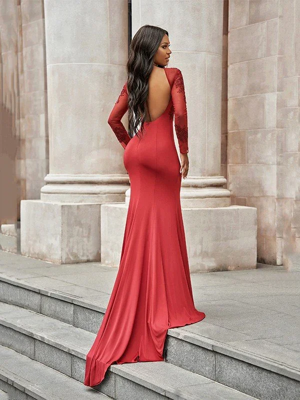 Gorgeous Mermaid Spandex Applique Scoop Long Sleeves Prom Dresses - Image 3