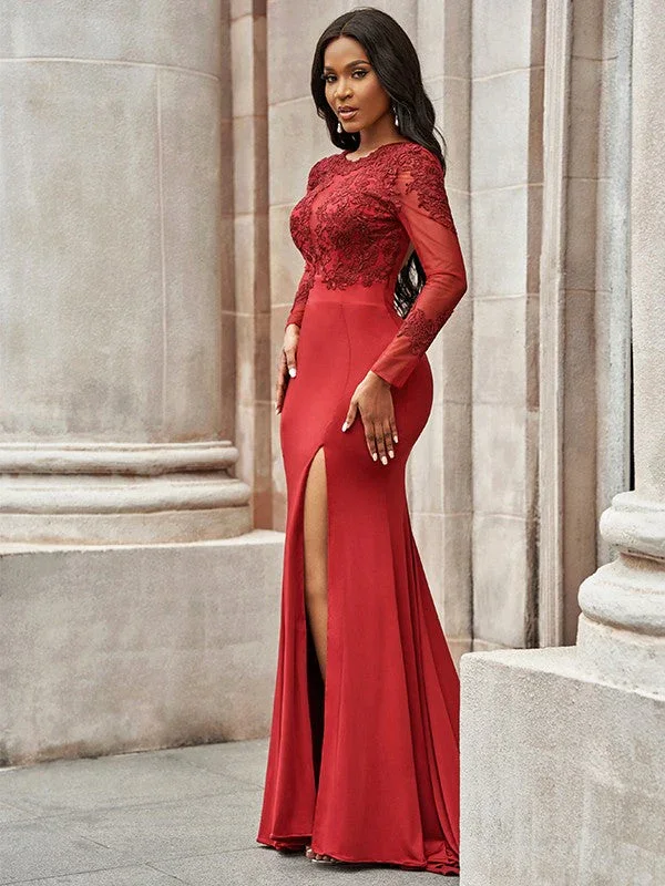 Gorgeous Mermaid Spandex Applique Scoop Long Sleeves Prom Dresses - Image 4