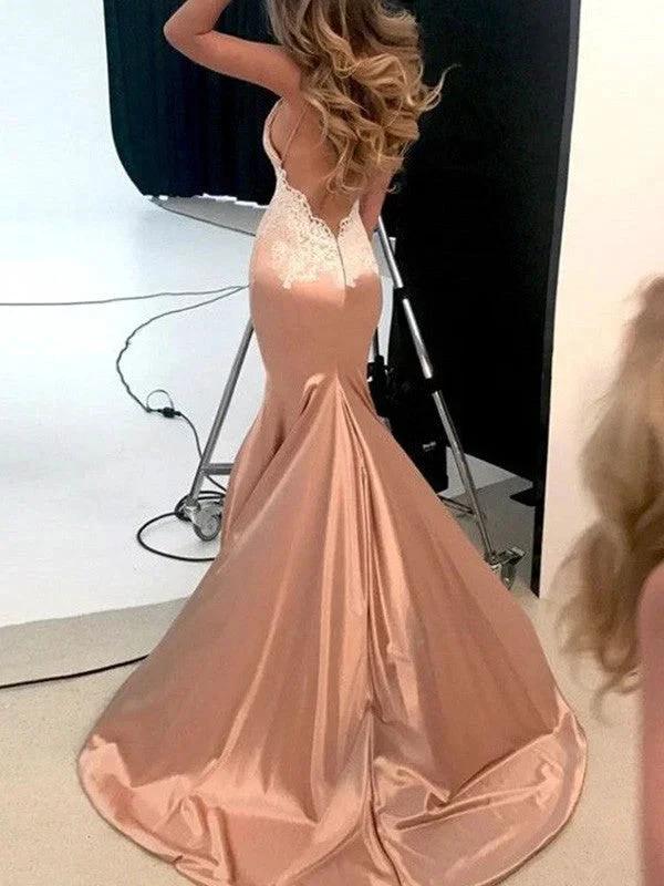 Gorgeous Mermaid Straps V-neck Sleeveless Applique Silk like Satin Prom Dresses - Image 2