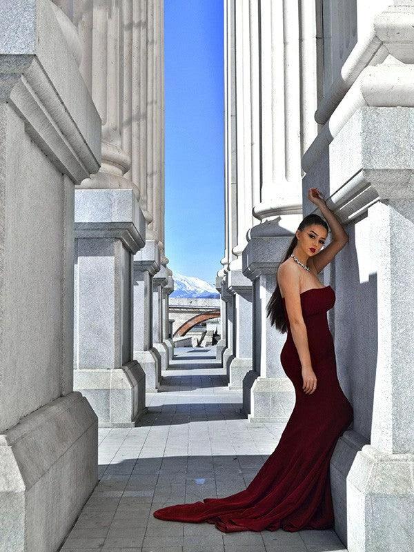 Gorgeous Mermaid Stretch Crepe Sleeveless Ruffles Strapless Prom Dresses - Image 3