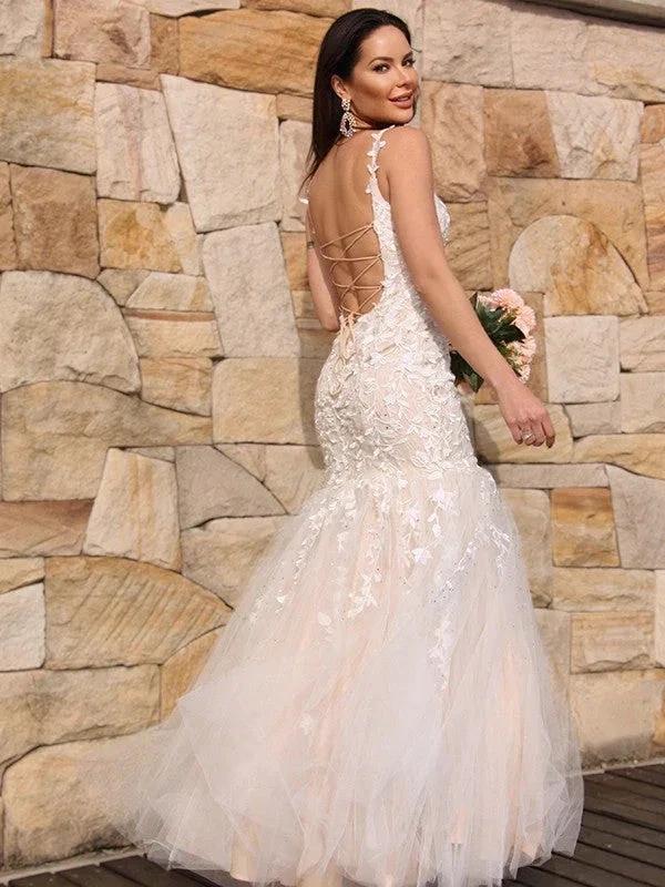 Gorgeous Mermaid Tulle Applique Sleeveless Spaghetti Straps Floor-Length Prom Dresses - Image 3