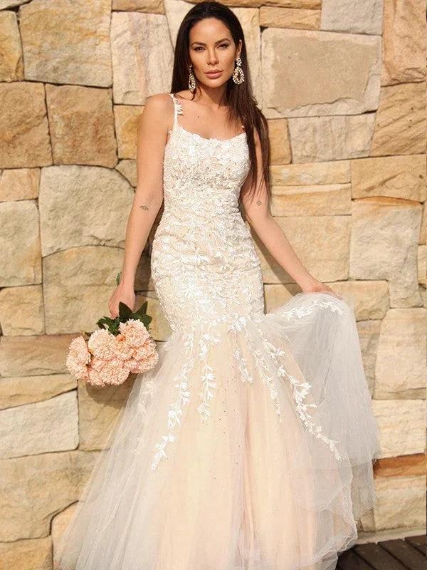 Gorgeous Mermaid Tulle Applique Sleeveless Spaghetti Straps Floor-Length Prom Dresses - Image 5