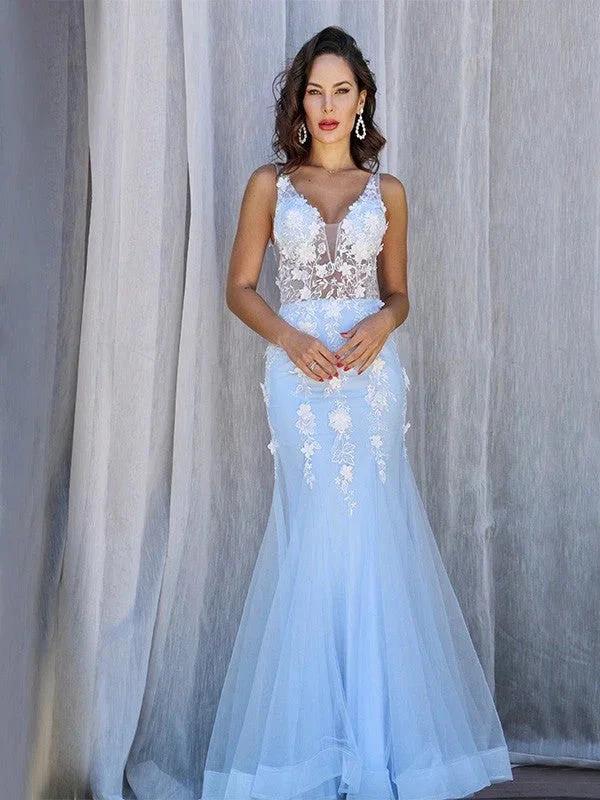 Gorgeous Mermaid Tulle V-neck Sleeveless Applique Floor-Length Prom Dresses - Image 2
