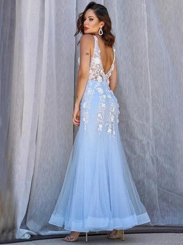 Gorgeous Mermaid Tulle V-neck Sleeveless Applique Floor-Length Prom Dresses - Image 3