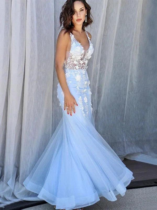 Gorgeous Mermaid Tulle V-neck Sleeveless Applique Floor-Length Prom Dresses - Image 4