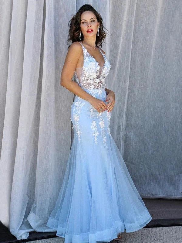 Gorgeous Mermaid Tulle V-neck Sleeveless Applique Floor-Length Prom Dresses - Image 5