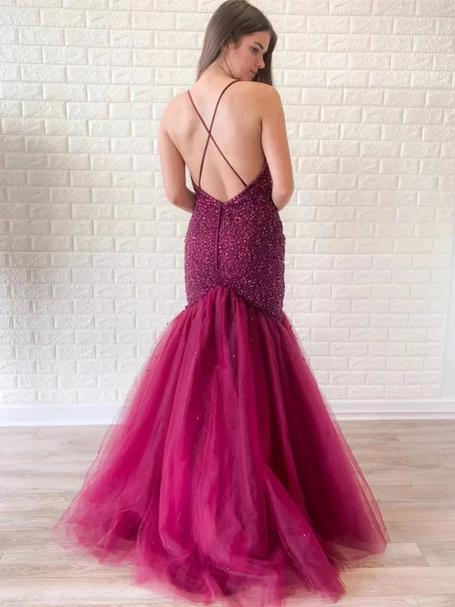 Gorgeous Mermaid V Neck Backless Tulle Beaded Backless Long Prom Dresses - Image 2
