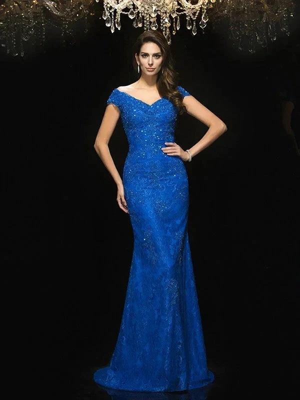 Gorgeous Mermaid V-neck Lace Sleeveless Long Lace Mother of the Bride Prom Dresses - Image 3