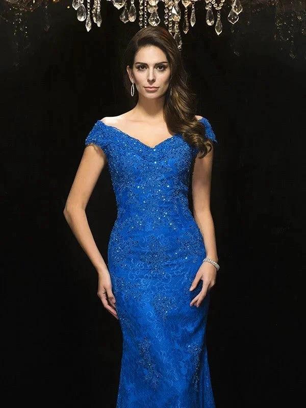 Gorgeous Mermaid V-neck Lace Sleeveless Long Lace Mother of the Bride Prom Dresses - Image 6