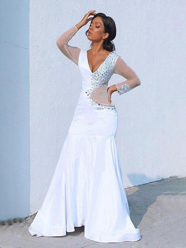 Gorgeous Mermaid V-neck Long Sleeves Satin Beading Court Train Prom Dresses - Image 2