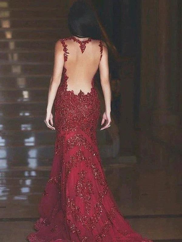 Gorgeous Mermaid V-neck Sleeveless Applique Tulle Prom Dresses - Image 2