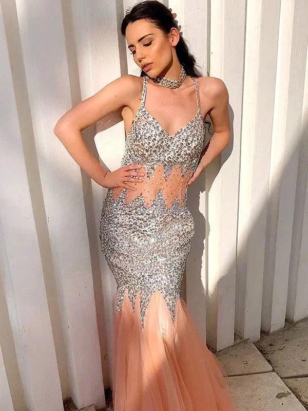 Gorgeous Mermaid V-neck Sleeveless Tulle Floor-Length Sequin Prom Dresses - Image 4