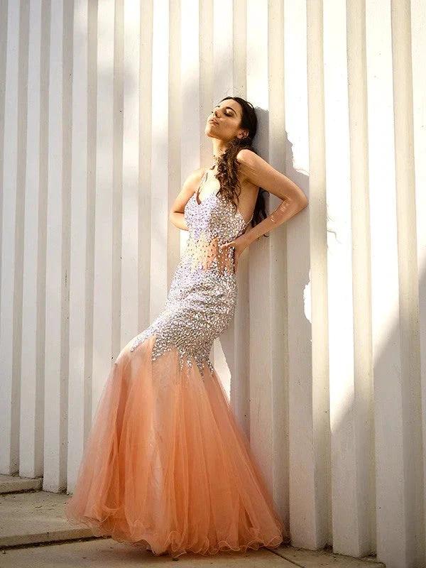 Gorgeous Mermaid V-neck Sleeveless Tulle Floor-Length Sequin Prom Dresses - Image 7