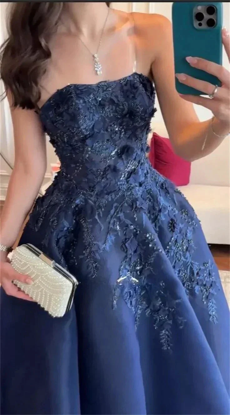 Gorgeous Navy Blue Strapless Appliques A Line Prom Dress Evening Dress Y8274 - Image 3