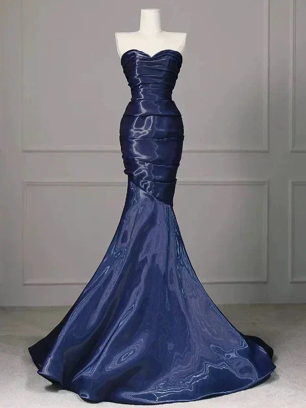 Gorgeous Nevy Blue Mermaid Strapless Pleated Long Prom Dress Evening Dress Y7987 - Image 2