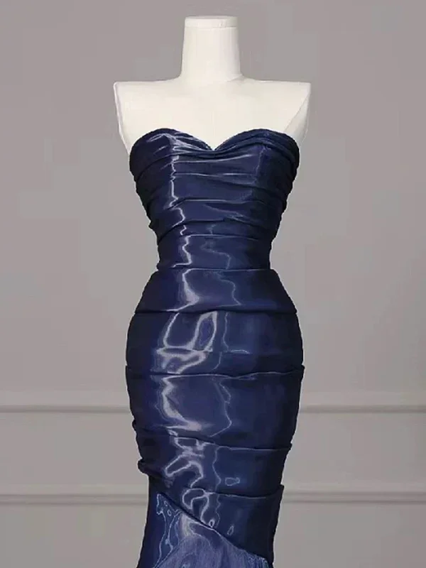 Gorgeous Nevy Blue Mermaid Strapless Pleated Long Prom Dress Evening Dress Y7987 - Image 5