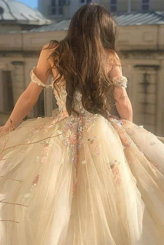 Gorgeous Off Shoulder Champagne Lace Floral Prom Dress, Long 3D Flower Champagne Formal Evening Dress, Champagne Ball Gown S20716 - Image 2