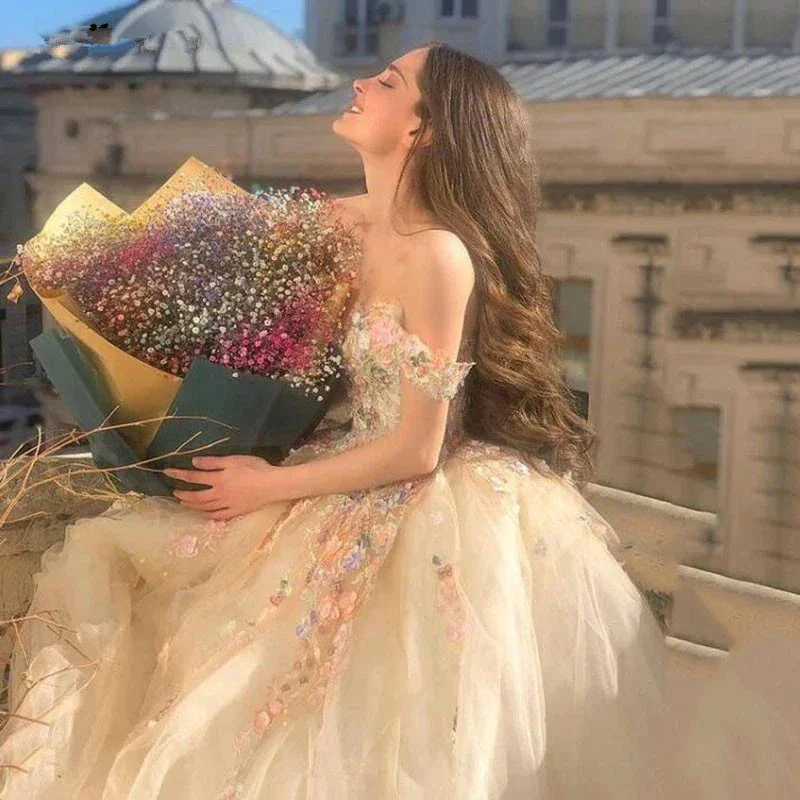 Gorgeous Off Shoulder Champagne Lace Floral Prom Dress, Long 3D Flower Champagne Formal Evening Dress, Champagne Ball Gown S20716 - Image 3