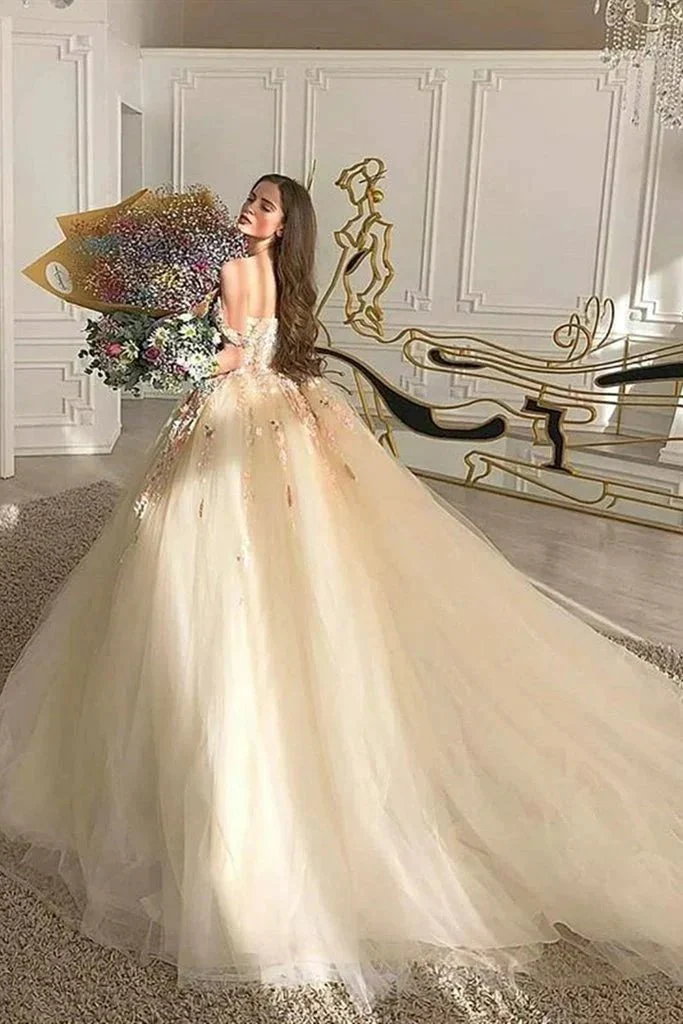 Gorgeous Off Shoulder Champagne Lace Floral Prom Dress, Long 3D Flower Champagne Formal Evening Dress, Champagne Ball Gown S20716 - Image 4