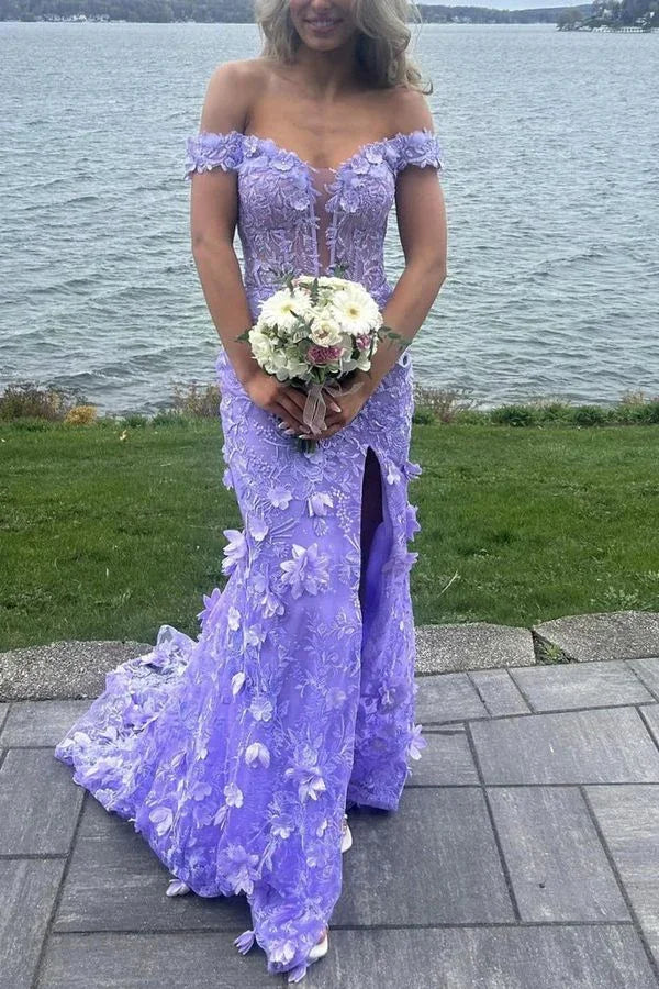 Gorgeous Off-Shoulder V-Neck Lace Appliques Mermaid Prom Dress Slit Birthday Evening Gown Y7934 - Image 2