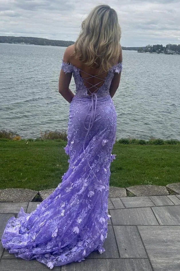 Gorgeous Off-Shoulder V-Neck Lace Appliques Mermaid Prom Dress Slit Birthday Evening Gown Y7934 - Image 3