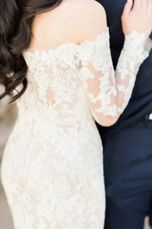 Gorgeous Off Shoulder Ivory Lace Long Sleeves Mermaid Wedding Dress WD119 - Image 4