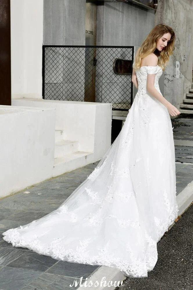 Gorgeous Off the Shoulder White aline Bridal Gown Garden Lace Appliques Wedding Dress - Image 10