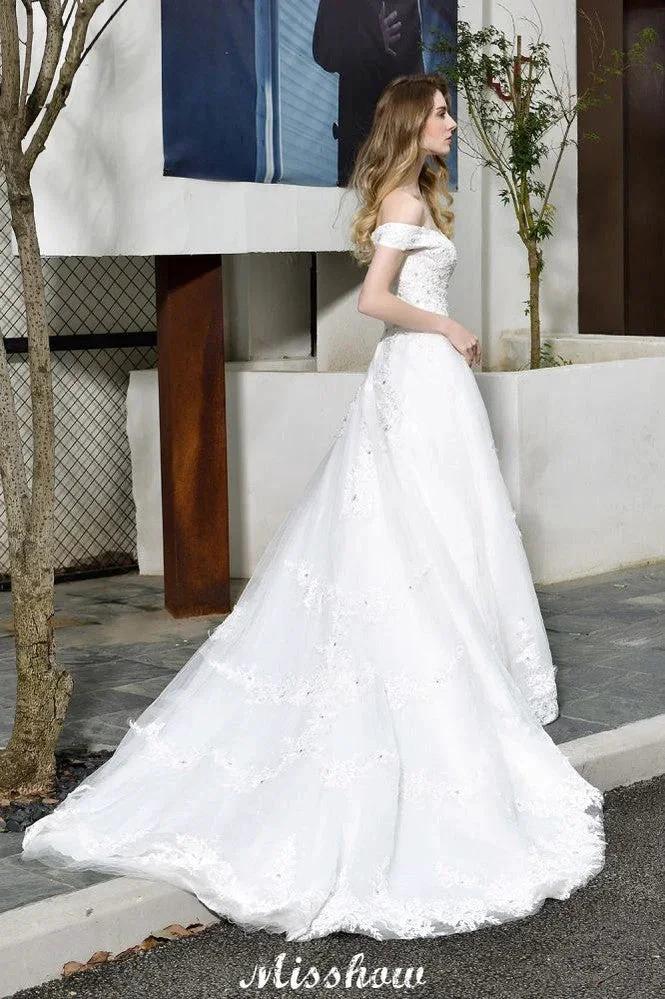 Gorgeous Off the Shoulder White aline Bridal Gown Garden Lace Appliques Wedding Dress - Image 2