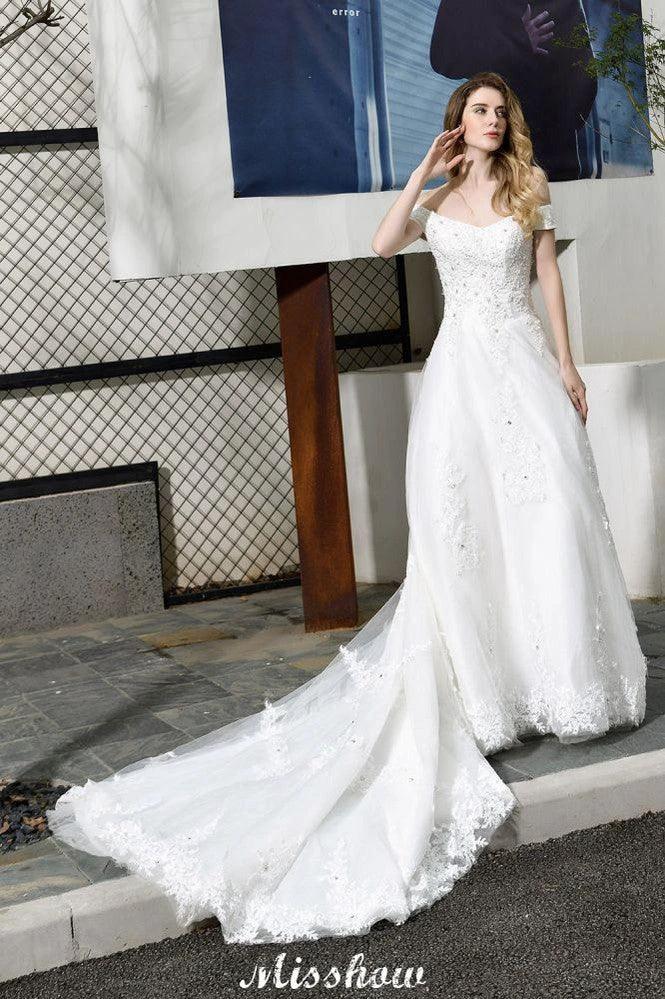 Gorgeous Off the Shoulder White aline Bridal Gown Garden Lace Appliques Wedding Dress - Image 4