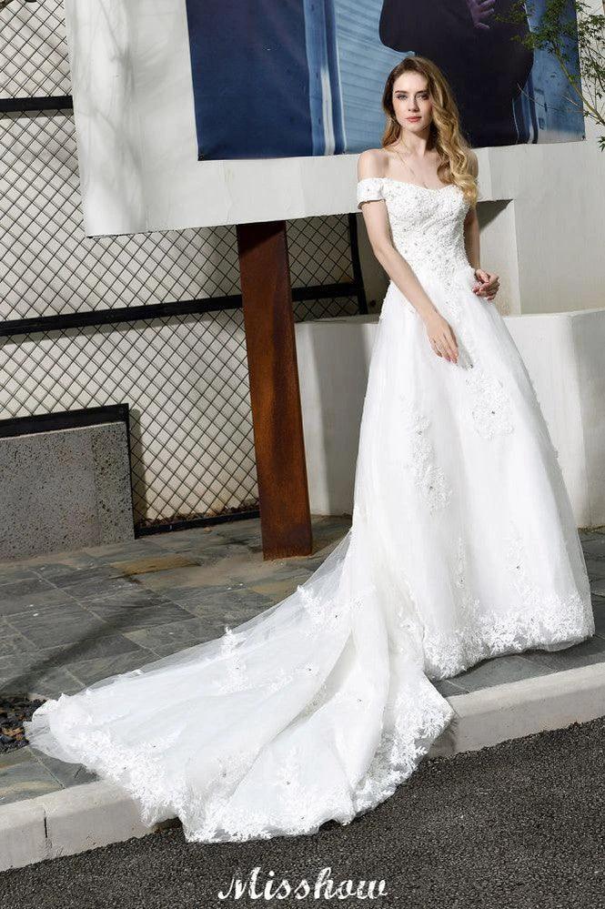 Gorgeous Off the Shoulder White aline Bridal Gown Garden Lace Appliques Wedding Dress - Image 5