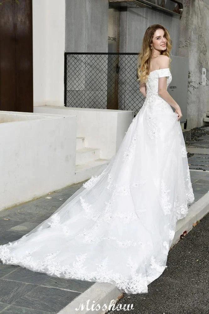 Gorgeous Off the Shoulder White aline Bridal Gown Garden Lace Appliques Wedding Dress - Image 6