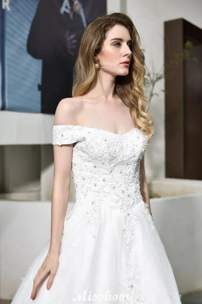 Gorgeous Off the Shoulder White aline Bridal Gown Garden Lace Appliques Wedding Dress - Image 7