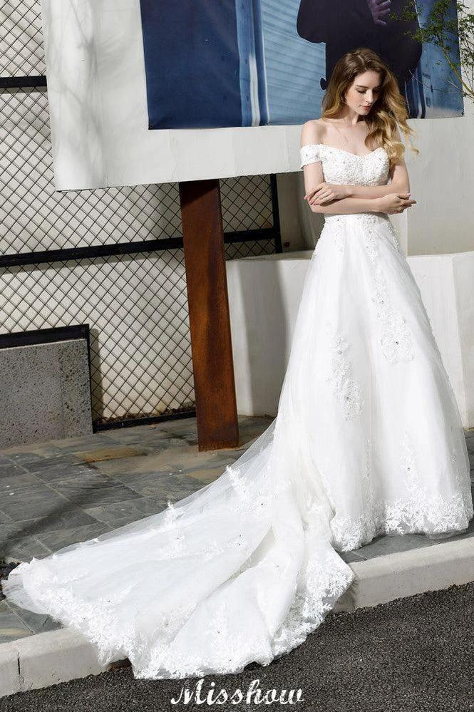 Gorgeous Off the Shoulder White aline Bridal Gown Garden Lace Appliques Wedding Dress - Image 8