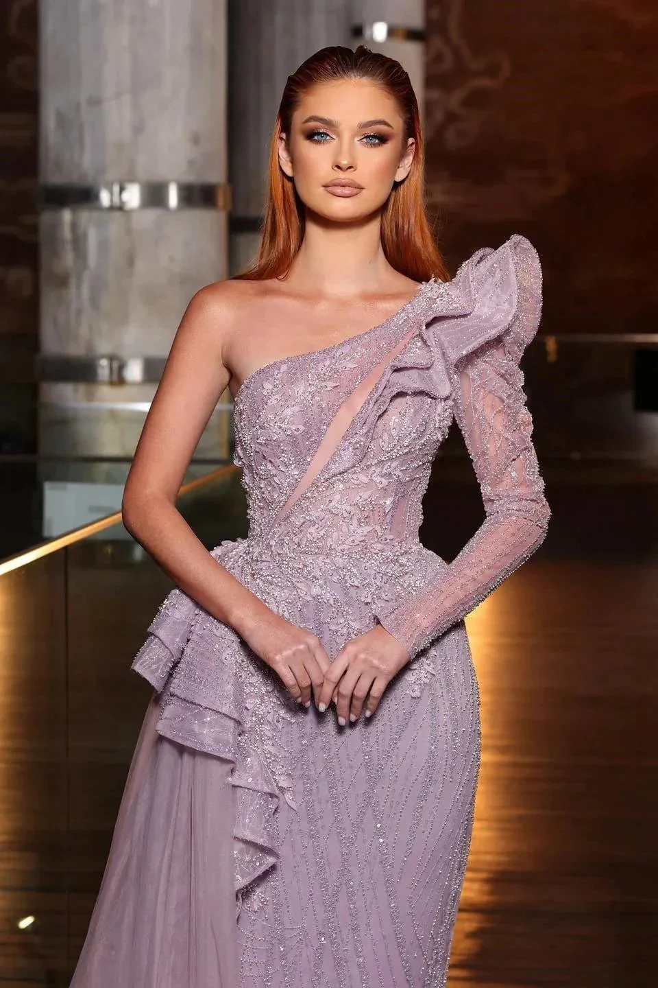 Gorgeous One Shoulder Long Sleeve Sequined A-line Prom Dress With Ruffles - Image 2