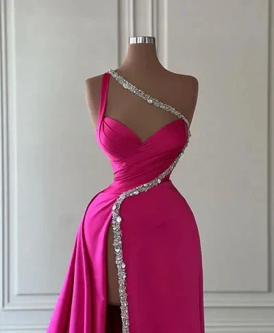 Gorgeous One Shoulder Satin Beaded Long Prom Dress Slit Evening Dress Y7692 - Image 2