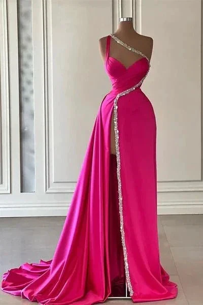 Gorgeous One Shoulder Satin Beaded Long Prom Dress Slit Evening Dress Y7692 - Image 3