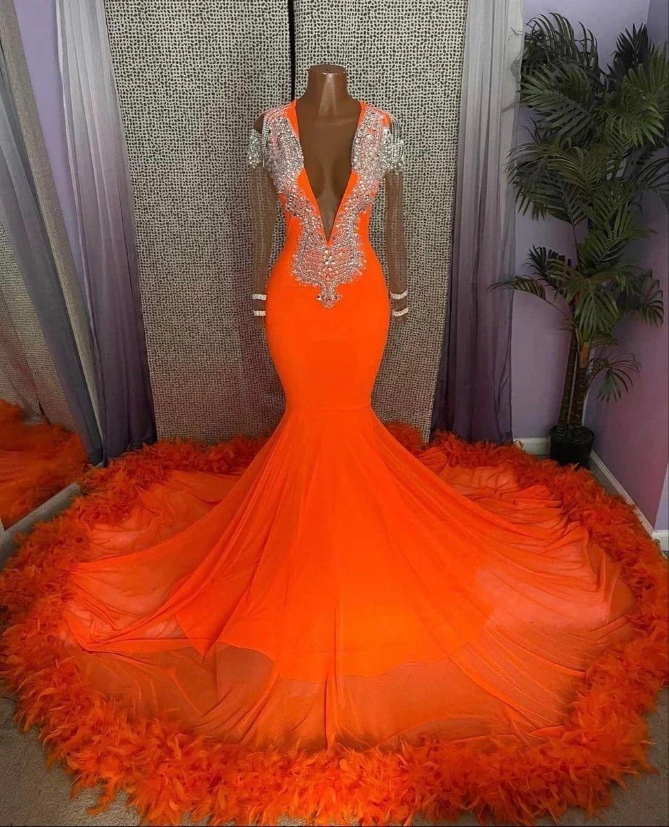 Gorgeous Orange Mermaid Tassel V-Neck Lace Prom Dress With Long Sleeves - Image 2
