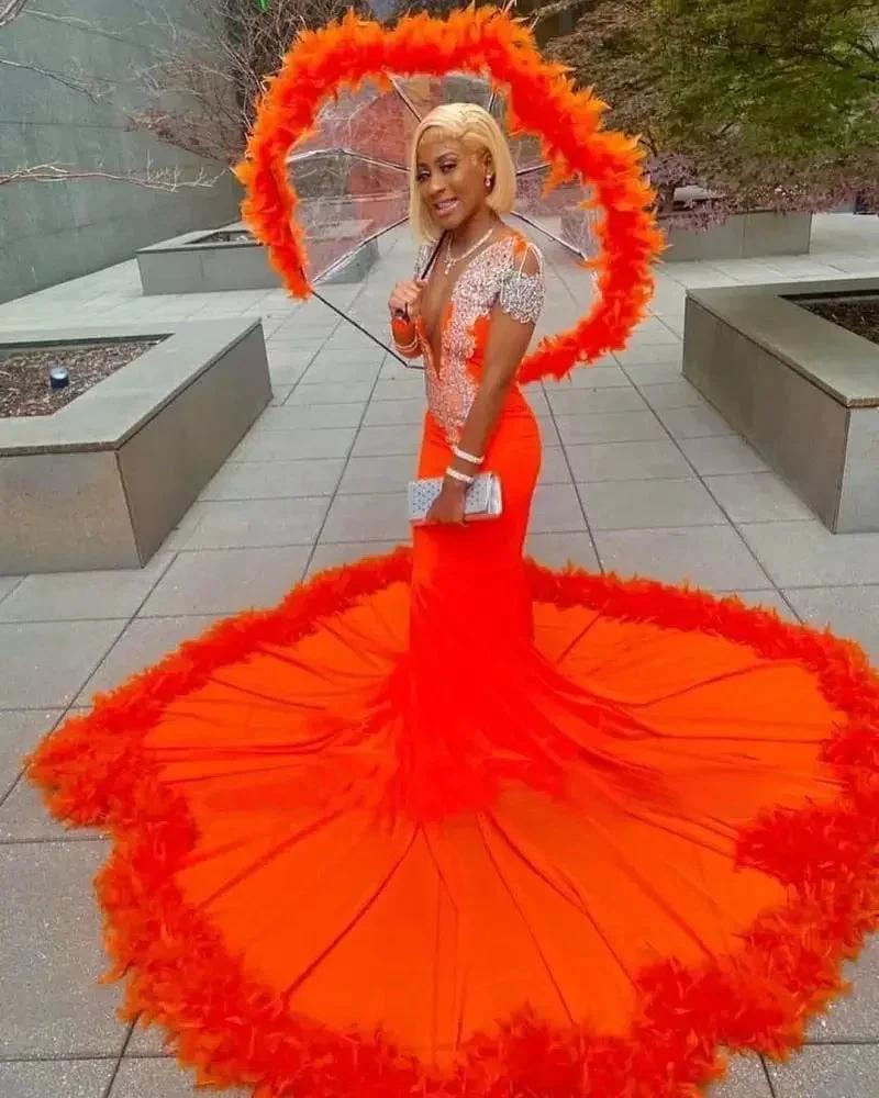 Gorgeous Orange Mermaid Tassel V-Neck Lace Prom Dress With Long Sleeves - Image 3